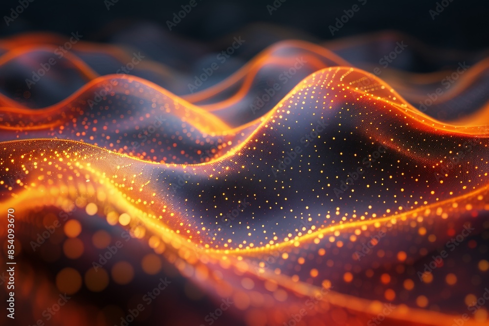 Dynamic abstract wave pattern with glowing orange dots on dark ...