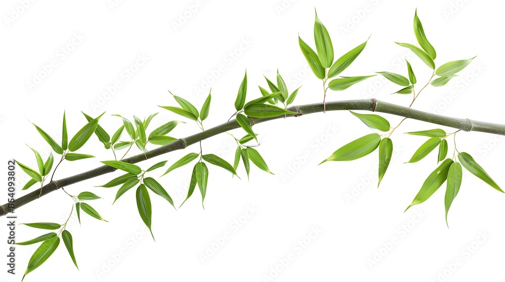 Fototapeta premium Thick-stemmed bamboo branch with leaves on white background