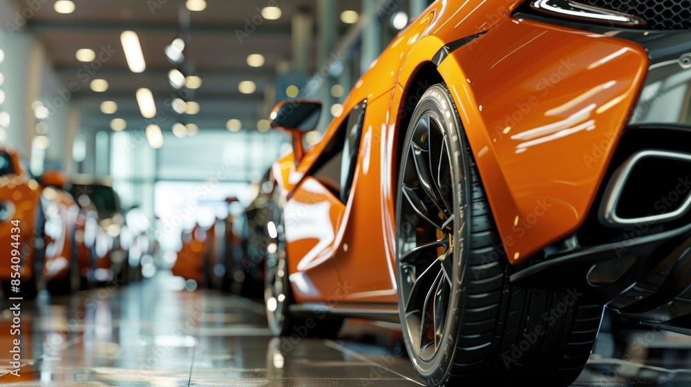 A bright orange sports car is displayed in a modern showroom, ready for inspection and test drive A bright orange sports car is displayed in a modern showroom, ready for inspection and test drive