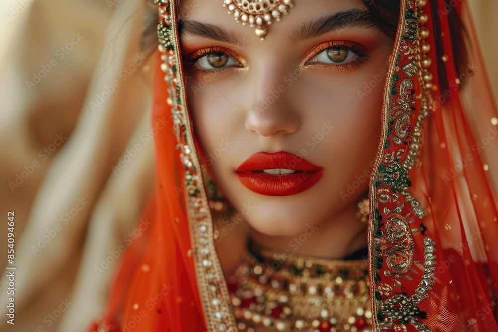 A woman dressed in a bright red and gold costume, likely for a festive or celebratory occasion A woman dressed in a bright red and gold costume, likely for a festive or celebratory occasion