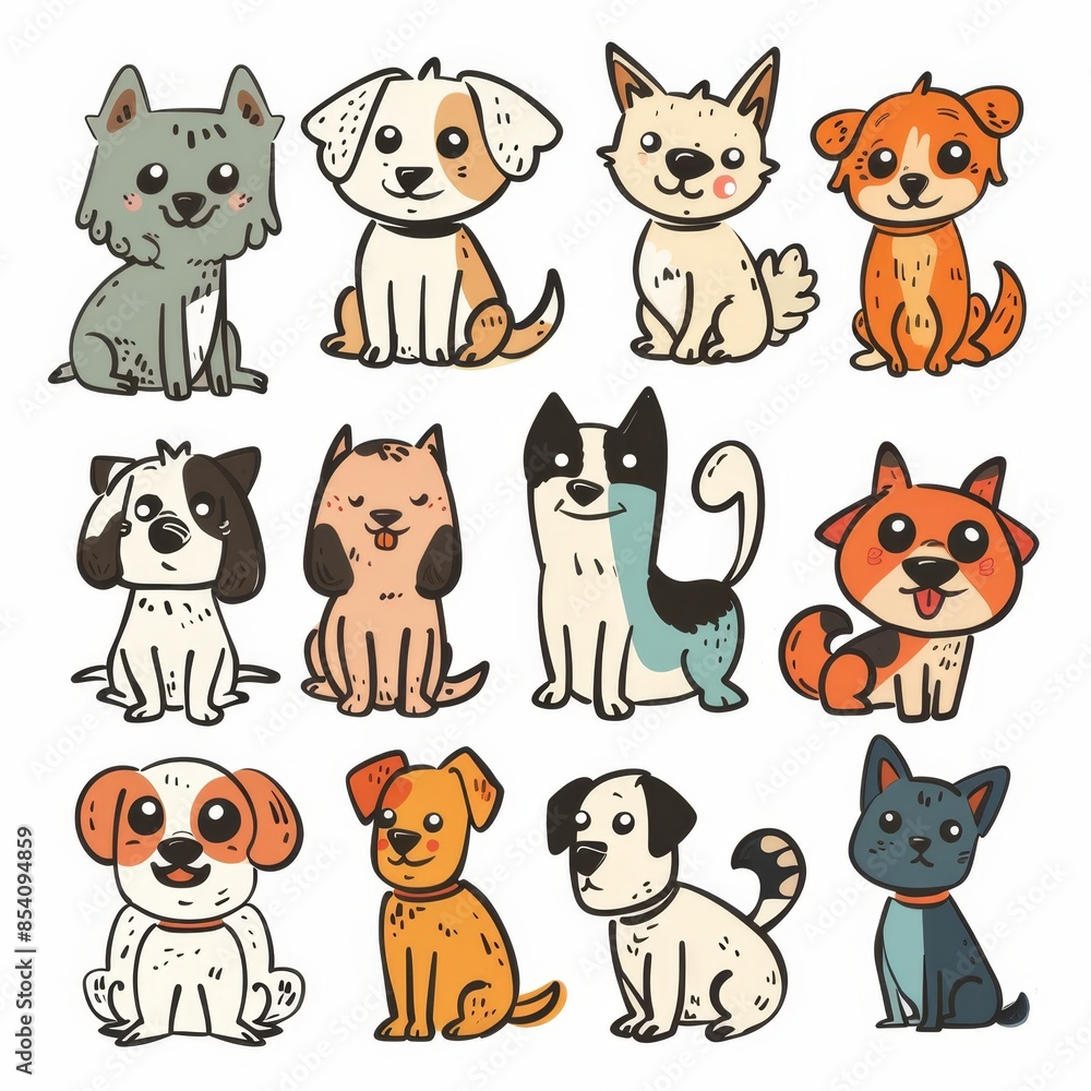 Obraz premium Cute dogs set, pet animal symbols, hand drawn puppy icons silhouettes, funny dog character drawings