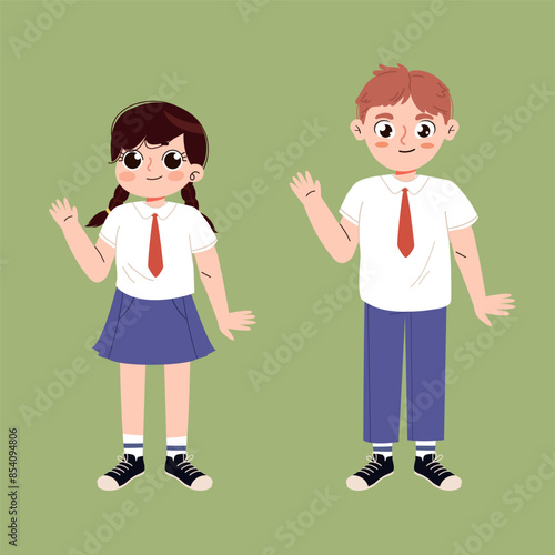 School kids collection. Group of cartoon children in school uniform. Back to school. Modern schoolboy and schoolgirl in uniform. Colored flat vector illustration of kids