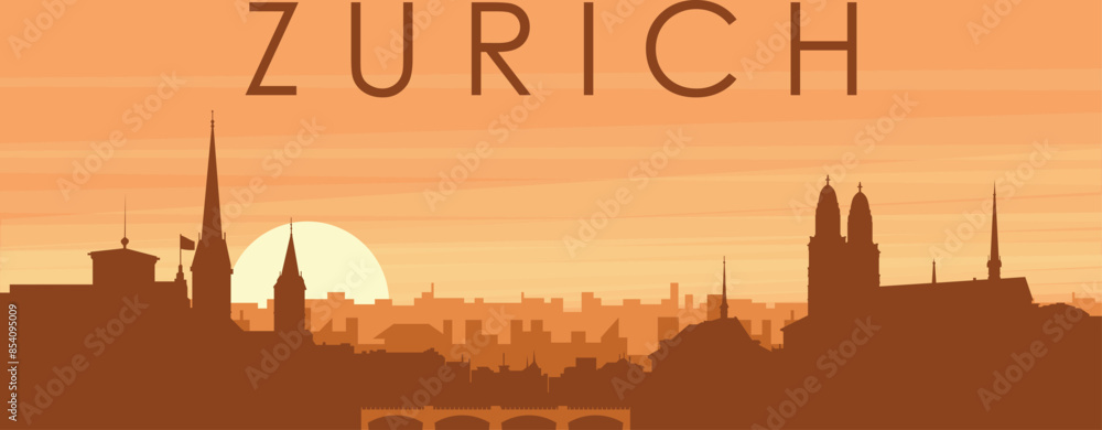 Brown panoramic poster of the city skyline with misty background buildings, sunrise, clouds and mountains of ZURICH, SWITZERLAND Brown panoramic poster of the city skyline with misty background buildings, sunrise, clouds and mountains of ZURICH, SWITZERLAND