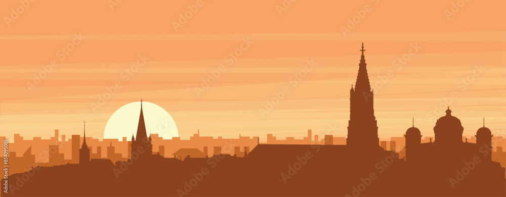 Brown panoramic poster of the city skyline with misty background buildings, sunrise, clouds and mountains of BERN, SWITZERLAND Brown panoramic poster of the city skyline with misty background buildings, sunrise, clouds and mountains of BERN, SWITZERLAND