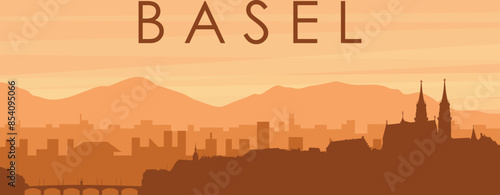 Brown panoramic poster of the city skyline with misty background buildings, sunrise, clouds and mountains of BASEL, SWITZERLAND