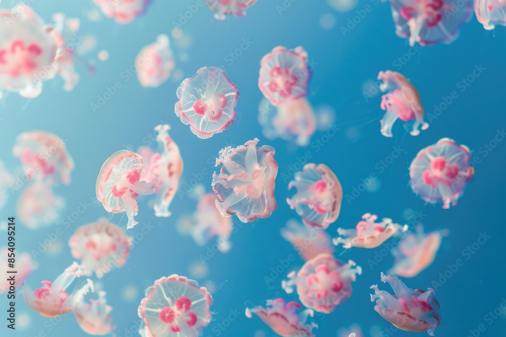 A group of jellyfish suspended in mid-air, appearing as if they are defying gravity A group of jellyfish suspended in mid-air, appearing as if they are defying gravity
