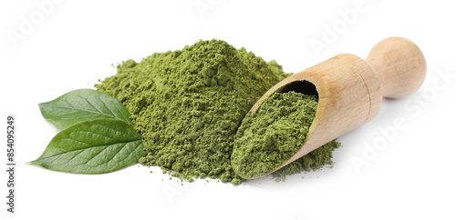 Pile of green matcha powder, scoop and leaves isolated on white
