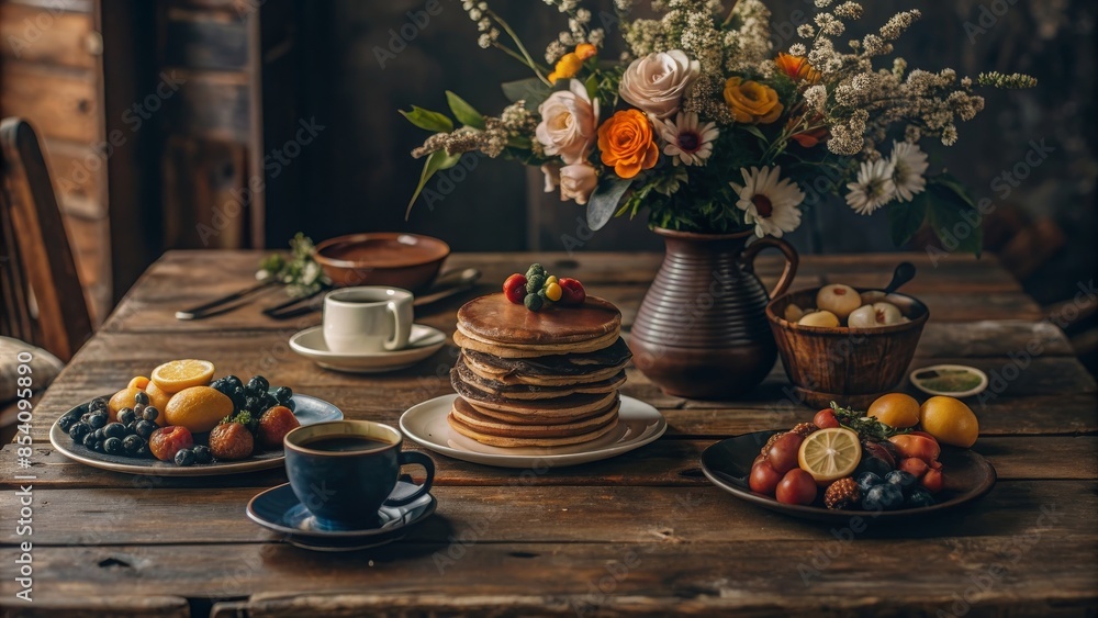 A beautifully arranged breakfast spread on a rustic wooden table, with pancakes, fruit, coffee, and fresh flowers. A beautifully arranged breakfast spread on a rustic wooden table, with pancakes, fruit, coffee, and fresh flowers.