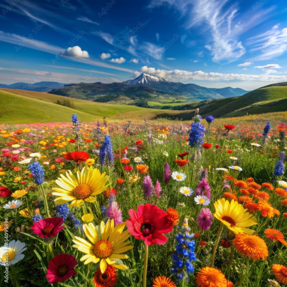 Obraz premium A close-up of vibrant wildflowers in full bloom in a meadow, with a backdrop of rolling hills and a clear blue sky.