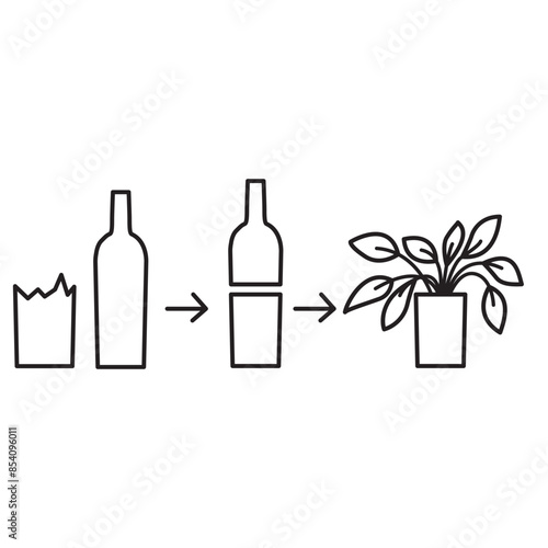 Upcycling glass bottle.Upcycle concept.Glass upcycle.Secondary use of glass bottles as a vase and a pot.Eco tips for reducing waste. Zero waste.Upcycling craft ideas.Reuse of utilized.Potting creation