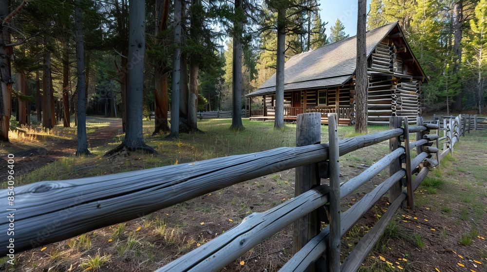 A rustic wooden log fence encircling a log cabin in a forested setting A rustic wooden log fence encircling a log cabin in a forested setting