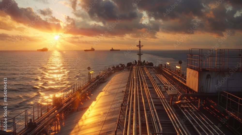 Obraz premium A ship sailing on the ocean at sunset, with a beautiful orange glow