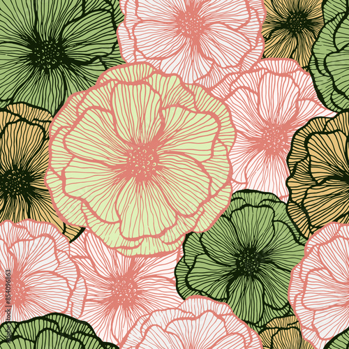 Poppy flower doodle  floral vector seamless pattern summer  fabric print desi...