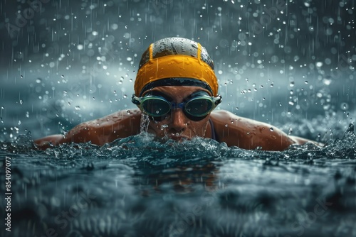 A person is swimming in the water wearing goggles, ready for an underwater adventure or swim training