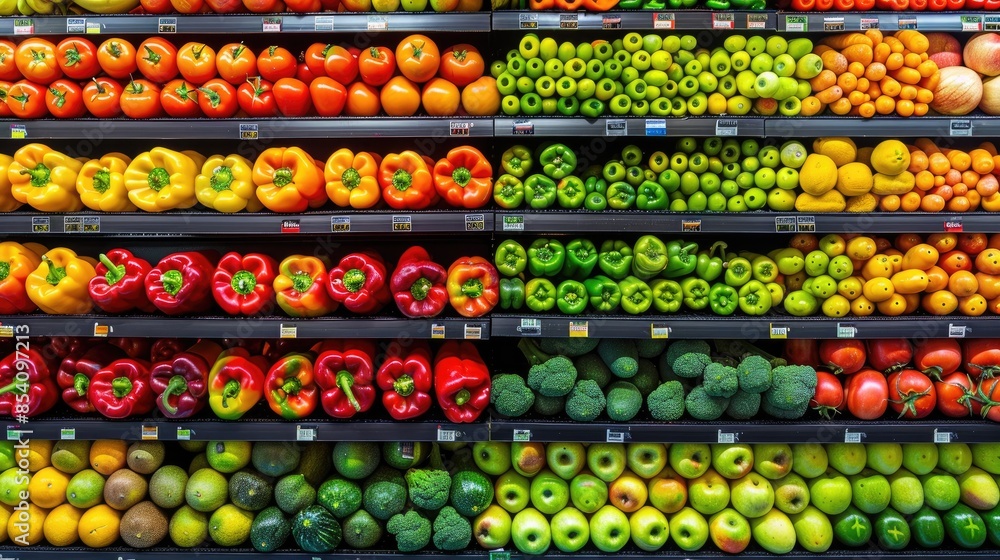 a variety of fresh produce arranged on supermarket shelves, including tomatoes, peppers, onions, green beans, potatoes, and sweet potatoes, against a colorful background ideal for text or advertising a variety of fresh produce arranged on supermarket shelves, including tomatoes, peppers, onions, green beans, potatoes, and sweet potatoes, against a colorful background ideal for text or advertising