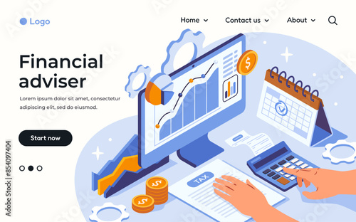 Online financial consultation. Accounting, calculation of income and expenses and payment of taxes. Landing page template with money management advisor. Isometric vector illustration