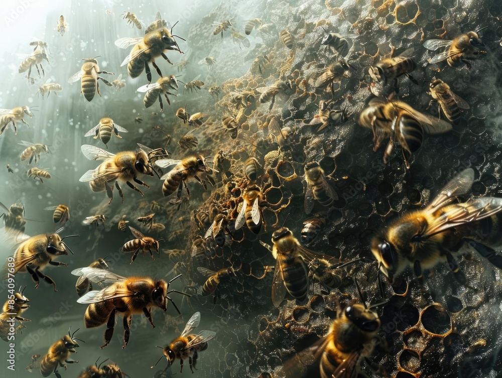 Bees forming a swarm during migration, demonstrating their synchronized movement and teamwork Bees forming a swarm during migration, demonstrating their synchronized movement and teamwork