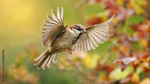 Closeup of a flying brown sparrow bird