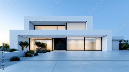 Modern garage doors in front of a house with contemporary architectural features. © Emqan