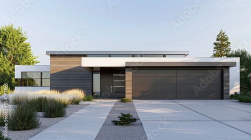Modern garage doors in front of a house with contemporary architectural features.