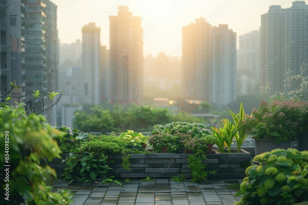 Fototapeta premium Sunrise over a tranquil urban rooftop garden, providing a serene contrast to the towering city skyline in the soft morning light.