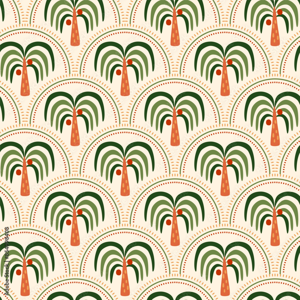 Green tropical palm tree art deco seamless pattern. Jungle damask print, summer nature vector wallpaper. Hand drawn coconut plant, cute tropic illustration. Simple textile design, fabric, wrap paper. Green tropical palm tree art deco seamless pattern. Jungle damask print, summer nature vector wallpaper. Hand drawn coconut plant, cute tropic illustration. Simple textile design, fabric, wrap paper.
