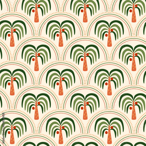 Green tropical palm tree art deco seamless pattern. Jungle damask print, summer nature vector wallpaper. Hand drawn coconut plant, cute tropic illustration. Simple textile design, fabric, wrap paper.