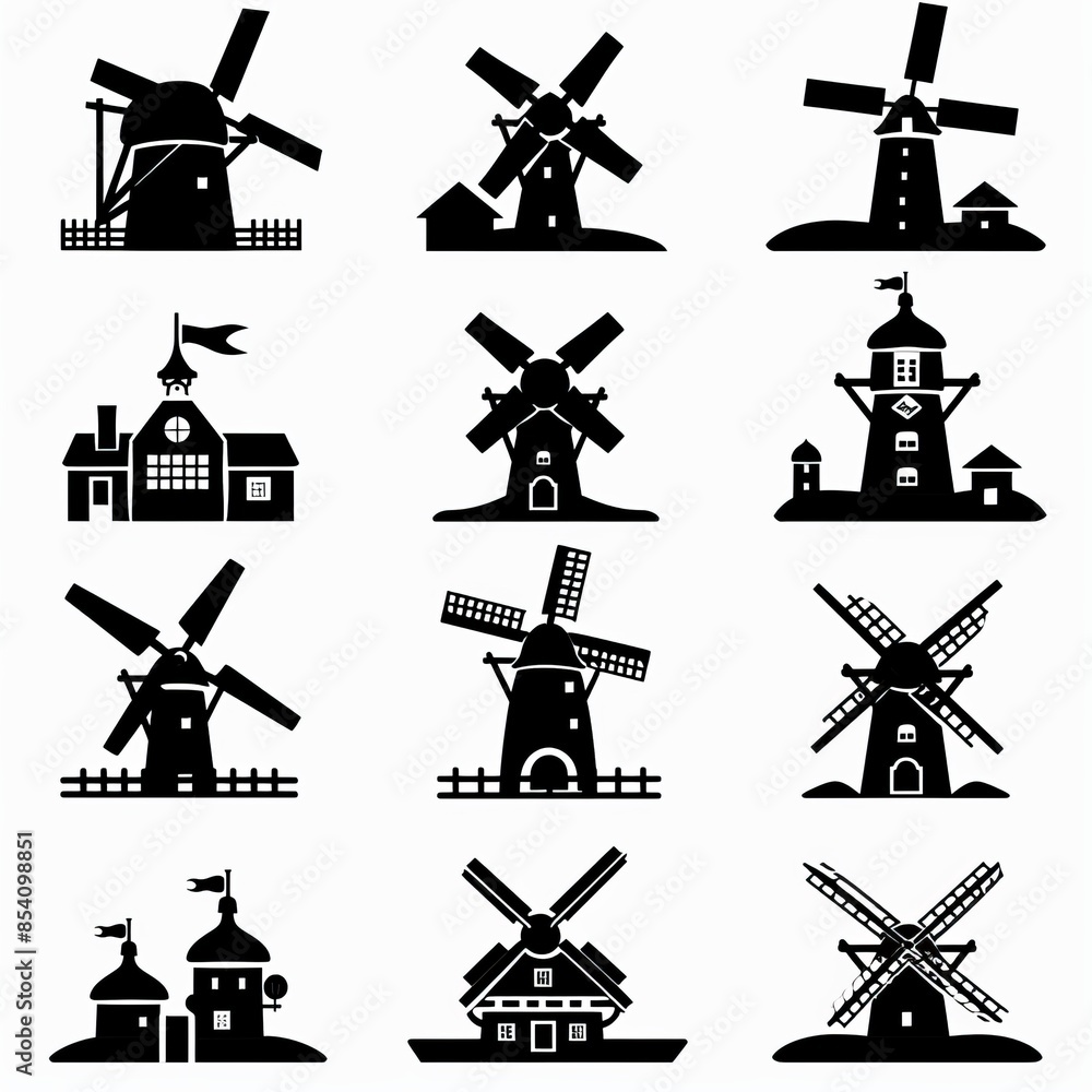 Windmill mill icon, rural countryside mill symbol, wind mill building emblem on white background Windmill mill icon, rural countryside mill symbol, wind mill building emblem on white background