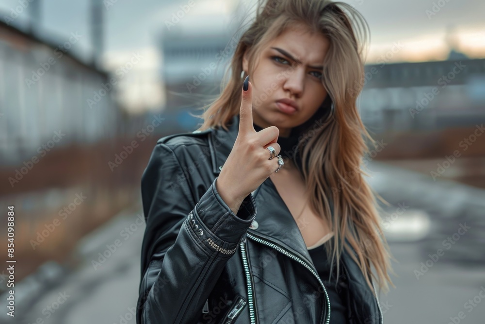 A woman wearing a black leather jacket poses for the camera A woman wearing a black leather jacket poses for the camera