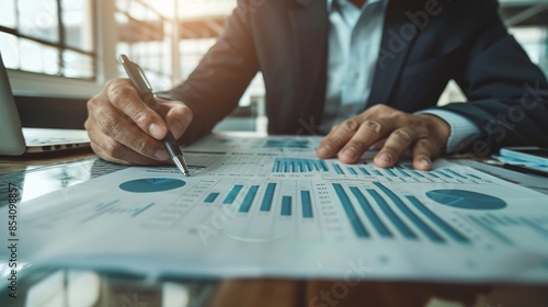 A Financial Expert Analyzing Business Reports and Financial Charts in a Modern Corporate Office