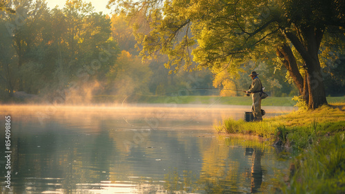 A fisherman enjoys the tranquility of early morning fishing by a calm lake, with the sunrise casting a warm glow over the misty water.
