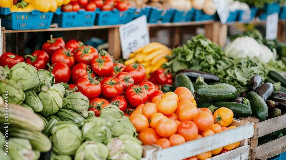 A display in a grocery store brimming with diverse fruits and vegetables atop wooden crates A display in a grocery store brimming with diverse fruits and vegetables atop wooden crates