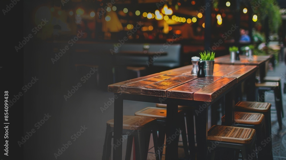 A wooden table, seating four with stools, hosts a potted plant In front of a restaurant A wooden table, seating four with stools, hosts a potted plant In front of a restaurant