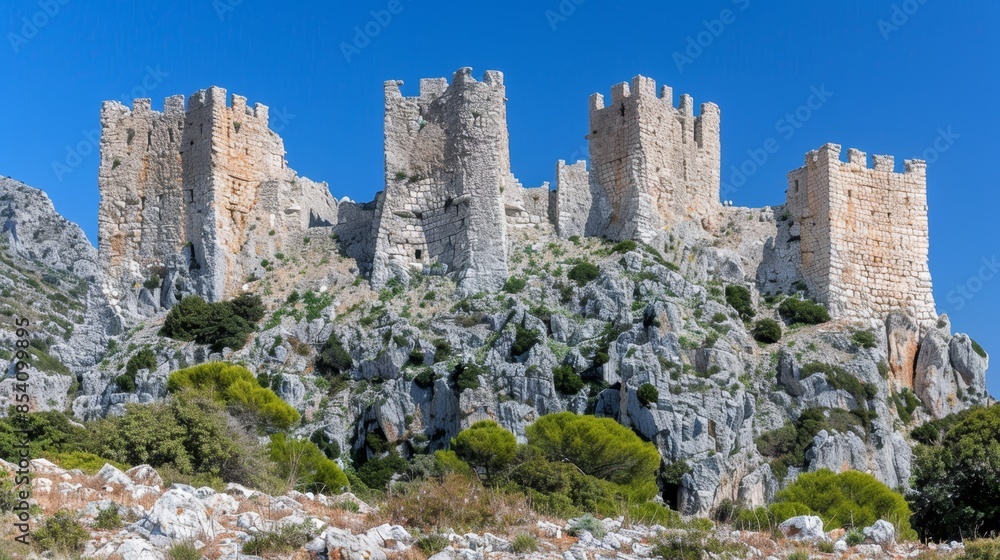 A castled peak crowned by a structure, surrounded by forested foreground, clear blue sky overhead A castled peak crowned by a structure, surrounded by forested foreground, clear blue sky overhead