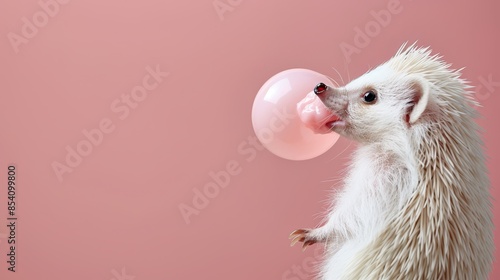 A small white animal holds a bubble in its mouth, while it carries a pink ball in another paw photo
