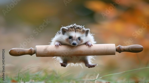  A hedgehog perched on a wooden baseball bat in a grassy scene, hazy background photo