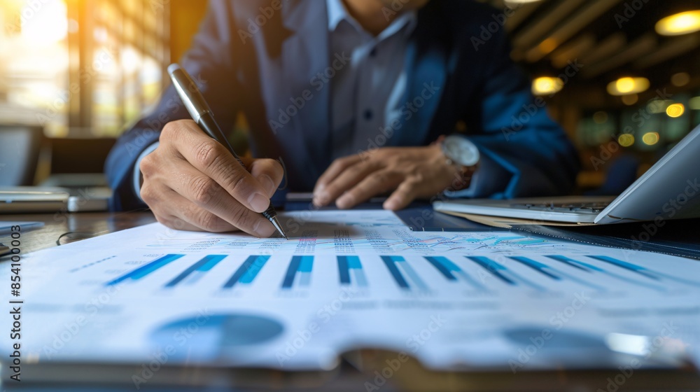 A Financial Expert Analyzing Business Reports and Financial Charts in a Modern Corporate Office A Financial Expert Analyzing Business Reports and Financial Charts in a Modern Corporate Office