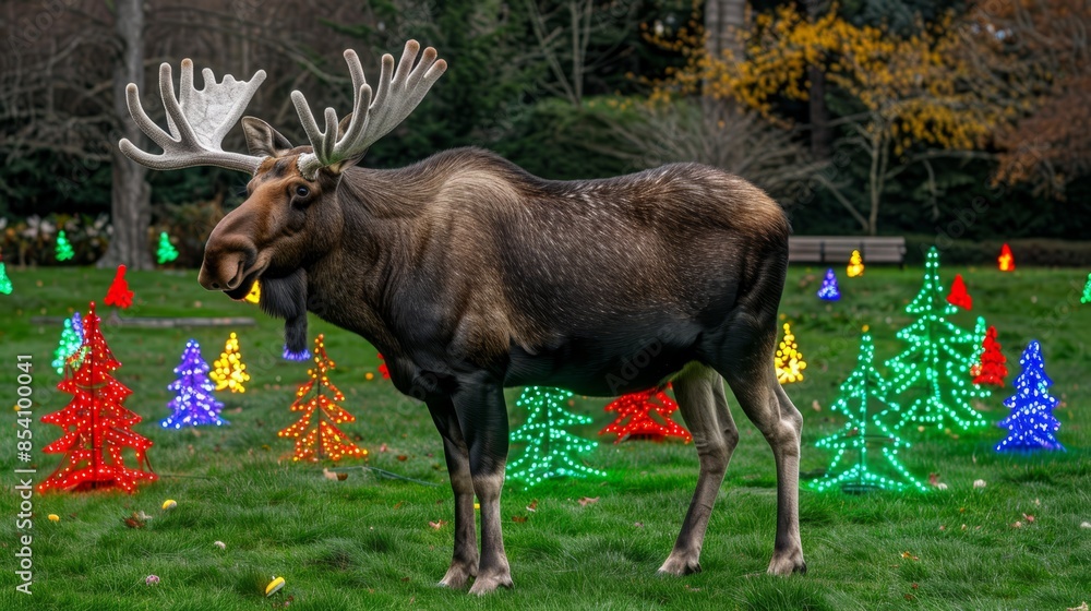 A moose in a field, adorned with Christmas lights on its back and antlers as accents A moose in a field, adorned with Christmas lights on its back and antlers as accents