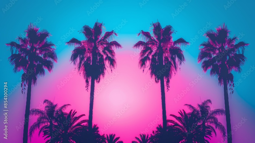 A collection of palm trees before a pink-blue sky, backdrop featuring pink and blue hues A collection of palm trees before a pink-blue sky, backdrop featuring pink and blue hues