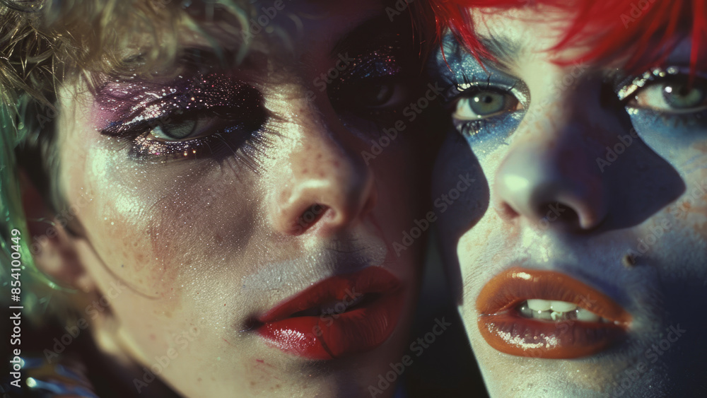 Close-up portrait of two individuals with artistic makeup and glitter
Close-up portrait of two individuals with artistic makeup and glitter