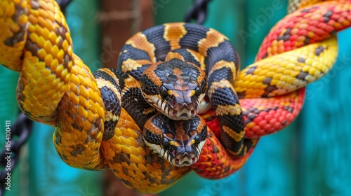  A tight shot of a snake coiled on a rope, another serpent lurking behind Green fence in the backdrop photo
