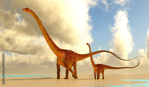 фотографія Diplodocus Mother and Juvenile - Diplodocus was a sauropod herbivorous dinosaur that lived in North America during the Jurassic Period