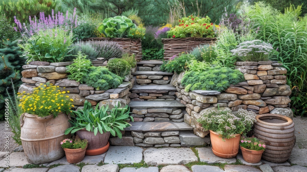 A garden teeming with diverse plants, some cascading over a stony wall, others in pots A garden teeming with diverse plants, some cascading over a stony wall, others in pots