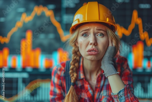 A distraught female construction worker frets in front of a background of declining financial graphs