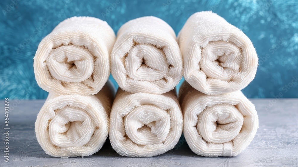 A stack of white towels, neatly folded, sits atop a table The blue wall lies adjacent A stack of white towels, neatly folded, sits atop a table The blue wall lies adjacent