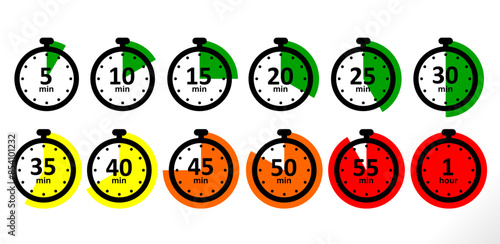 stopwatch or timer icons set. countdown icons collection for cooking, racing, exam, sport etc use.