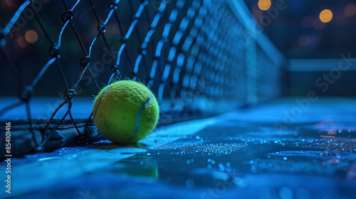 Tennis ball by net on textured court at night, vibrant colors photo