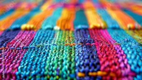  A tight shot of a multi-colored knitted fabric, displaying tiny perforations in its center photo