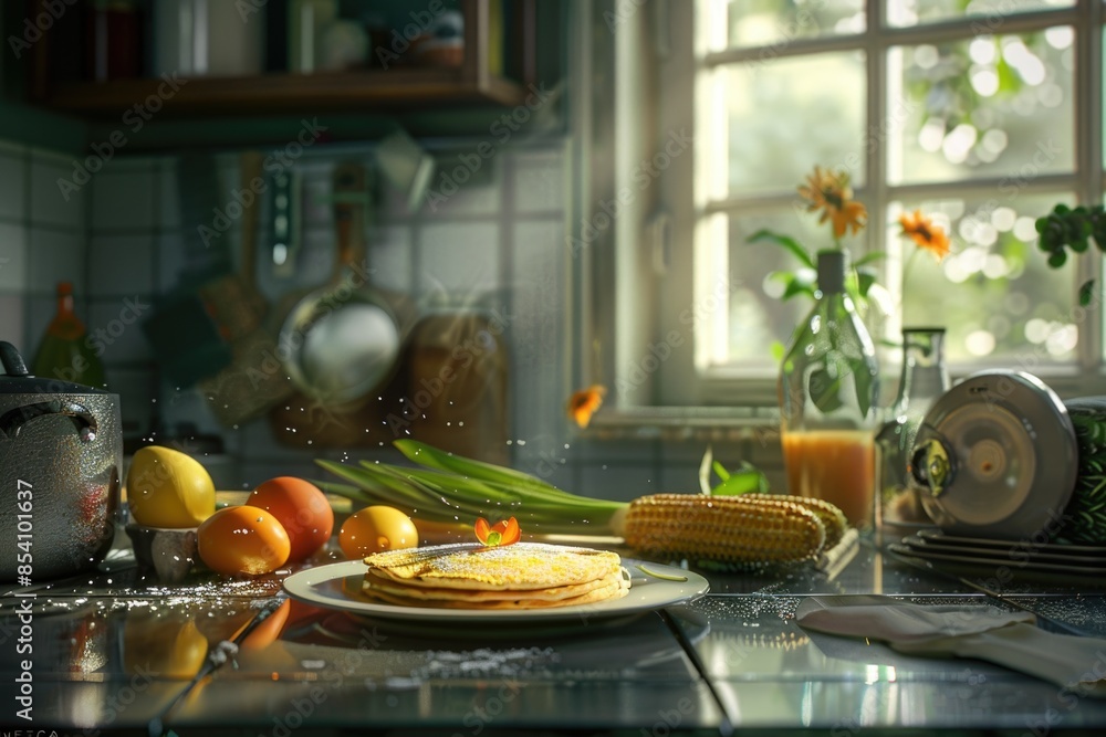 A plate of food sits on top of a kitchen counter, ready to be served A plate of food sits on top of a kitchen counter, ready to be served