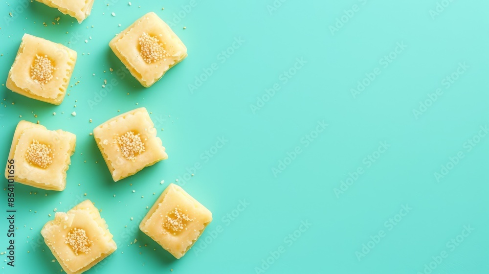 A stack of pineapple slices on a blue surface, decorated with sprinkles A stack of pineapple slices on a blue surface, decorated with sprinkles
